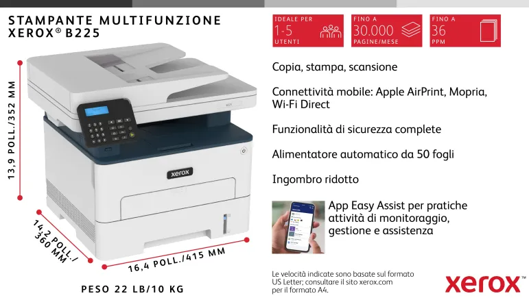 Xerox B225 DNI stampante multifunzione laser A4 monocromatica, WI-FI, 34 ppm, scansione e copia