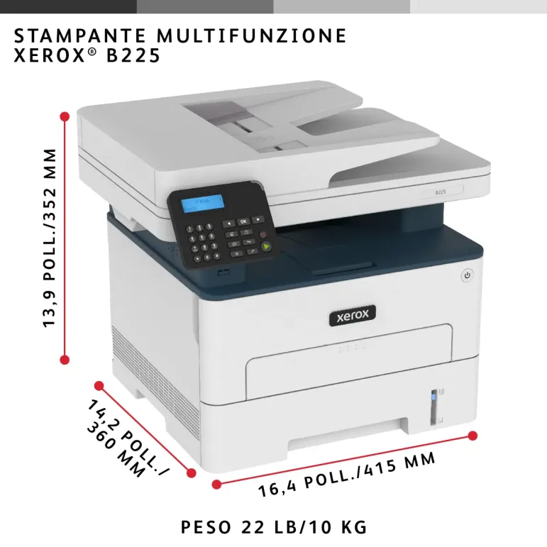 Xerox B225 DNI stampante multifunzione laser A4 monocromatica, WI-FI, 34 ppm, scansione e copia