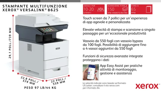 Xerox VersaLink B625 DN stampante multifunzione Laser A4 monocromatica, 61 ppm, DADF, scansione, copia e fax