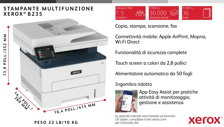 Xerox B235 DNI stampante multifunzione laser A4 monocromatica, WI-FI, 34 ppm, scansione, copia e fax