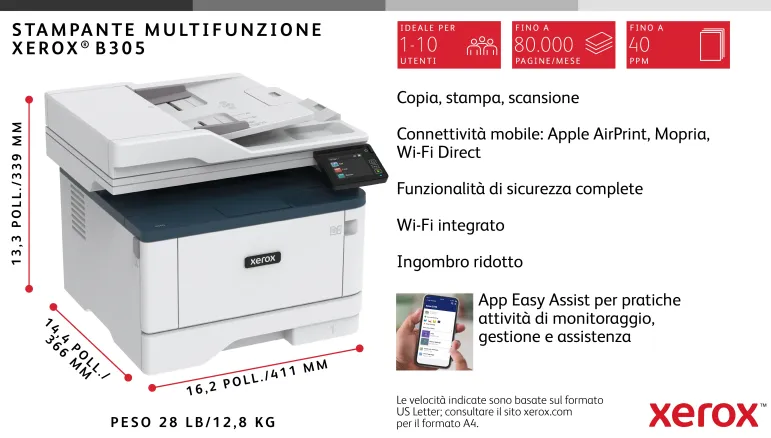 Xerox B305 DNI stampante multifunzione laser A4 monocromatica, WI-FI, 38 ppm, scansione e copia