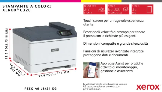 Xerox C320 DNI Stampante Laser A4 a colori, WI-FI, 33 ppm