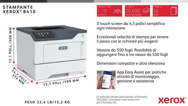 Xerox B410 DN stampante laser A4 monocromatica, 50 ppm