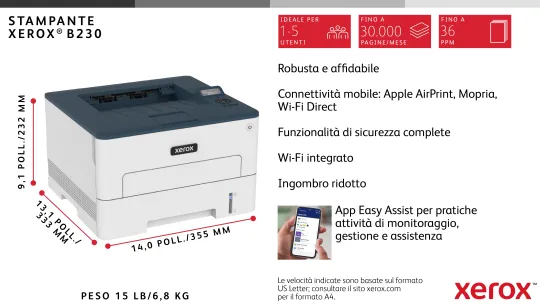 Xerox B230 DNI stampante laser A4 monocromatica, WI-FI, 34 ppm
