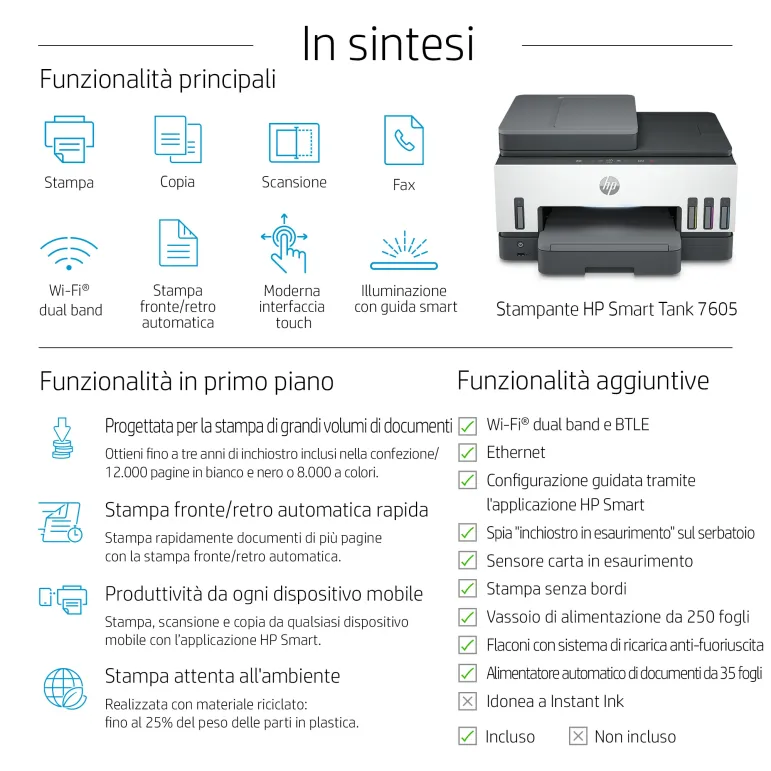 HP Smart Tank 7605 Wireless All-in-One Colore Stampante, Stampa fronte retro fotocopiatrice, scanner