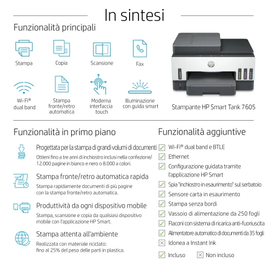 HP Smart Tank 7605 Wireless All-in-One Colore Stampante, Stampa fronte retro fotocopiatrice, scanner