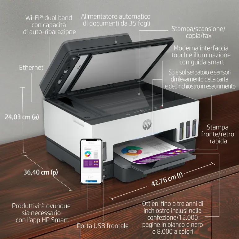 HP Smart Tank 7605 Wireless All-in-One Colore Stampante, Stampa fronte retro fotocopiatrice, scanner