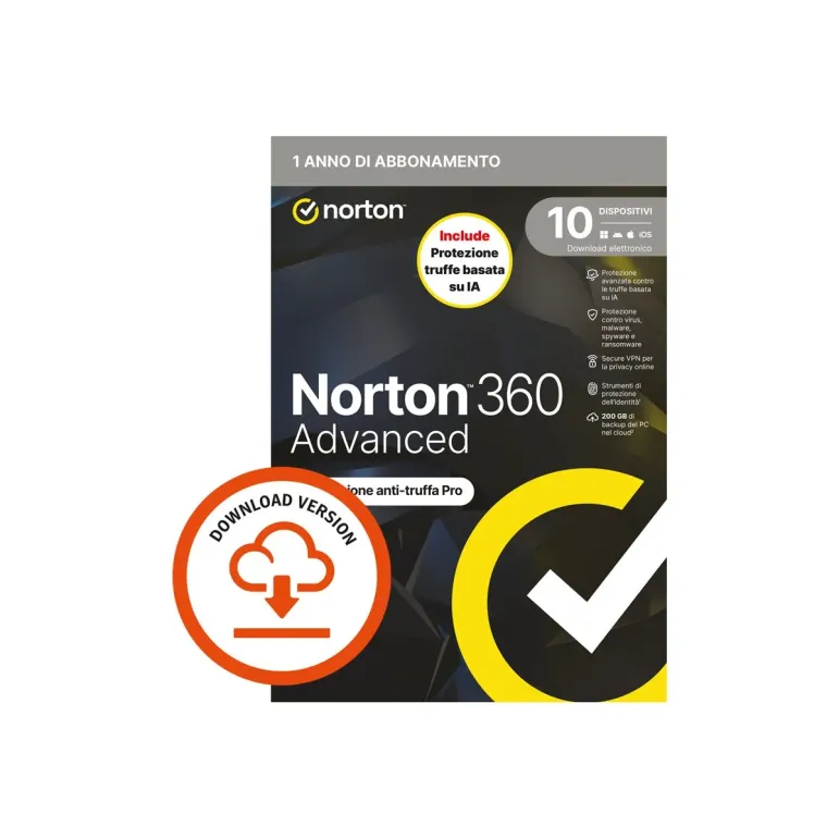 Norton 360 Advanced Licenza Completa 1 Utente, 10 Dispositivi - Abbonamento 1 Anno (ESD)