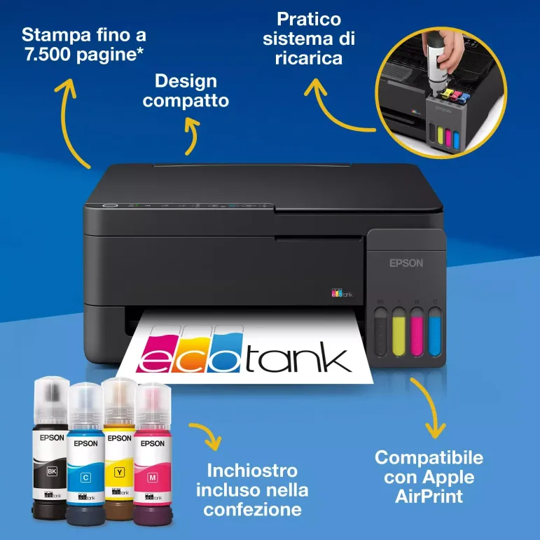 Epson EcoTank ET-2910 stampante multifunzione A4 Wi-Fi e AirPrint con serbatoi di inchiostro