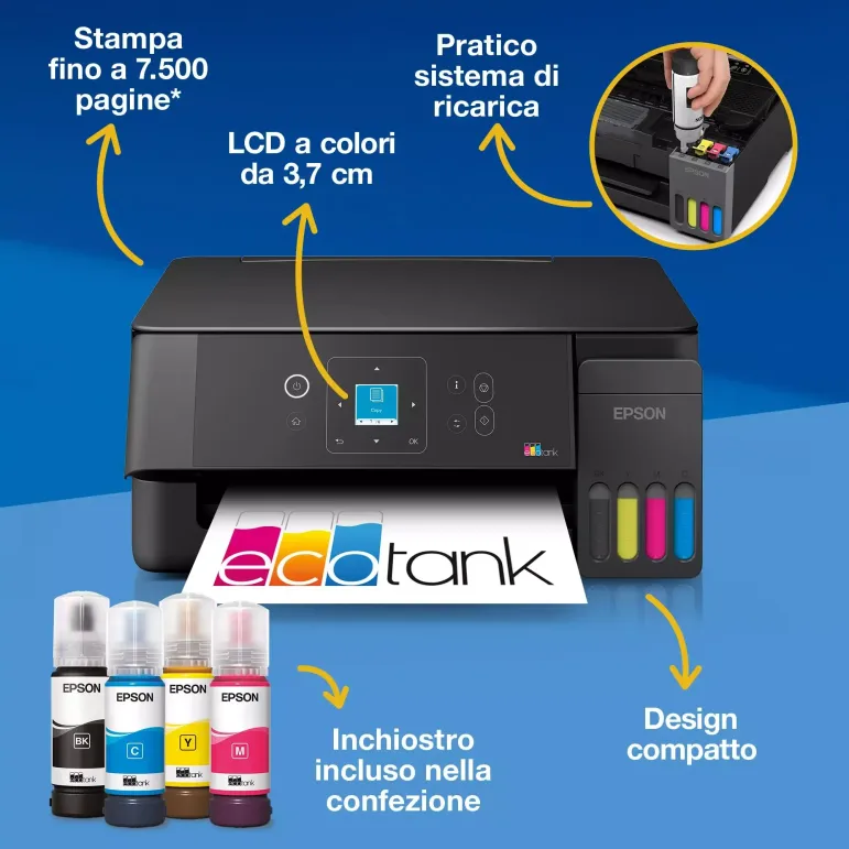 Epson EcoTank ET-2920 stampante multifunzione A4 Wi-Fi e AirPrint con serbatoi di inchiostro e display LCD