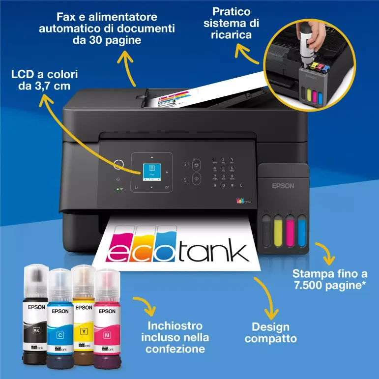 Epson EcoTank ET-4900 stampante multifunzione A4 Wi-Fi e AirPrint con serbatoi di inchiostro, display LCD e ADF