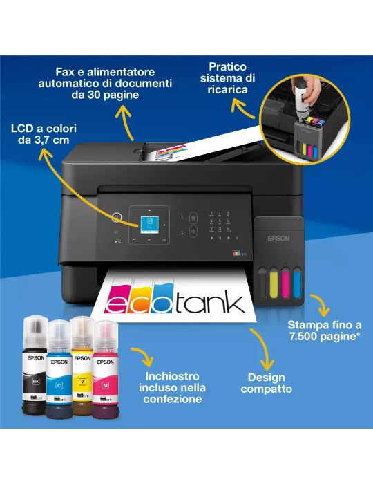 Epson EcoTank ET-4900 stampante multifunzione A4 Wi-Fi e AirPrint con serbatoi di inchiostro, display LCD e ADF