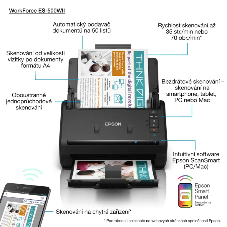 Epson WORKFORCE ES-500WII - Scanner per ufficio A4 con Wi-Fi