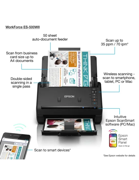 Epson WORKFORCE ES-500WII - Scanner per ufficio A4 con Wi-Fi