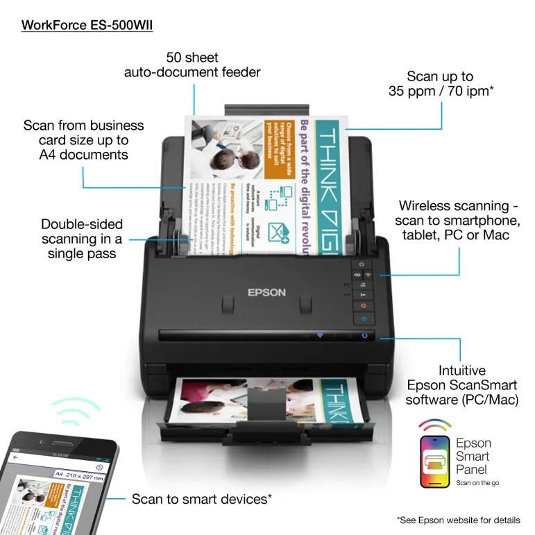 Epson WORKFORCE ES-500WII - Scanner per ufficio A4 con Wi-Fi