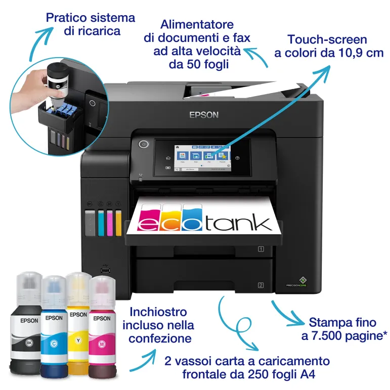 Epson EcoTank ET-5805 Stampante Multifunzione A4, Wi-Fi, con serbatoi di inchiostro, scansione, copia e fax