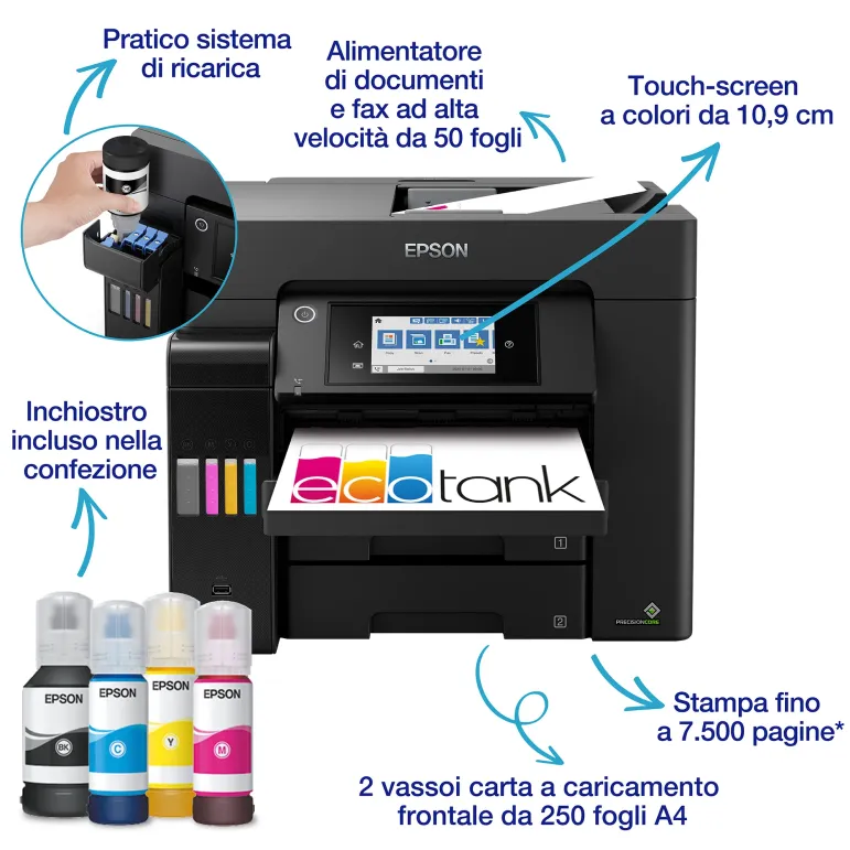 Epson EcoTank ET-5855 Stampante Multifunzione A4, Wi-Fi, con serbatoi di inchiostro, scansione, copia e fax