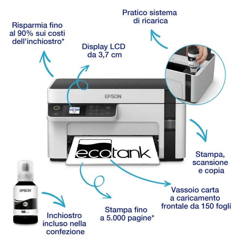 Epson EcoTank ET-M2120 Stampante monocromatica multifunzione A4 Wi-Fi con serbatoi di inchiostro
