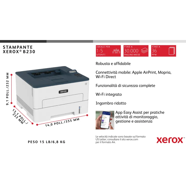 Xerox B230 DNI stampante laser A4 monocromatica, WI-FI, 34 ppm
