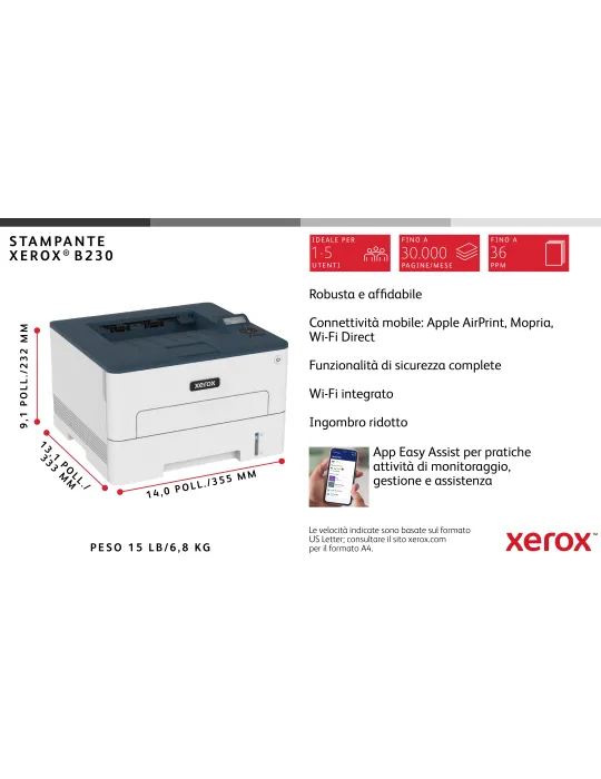 Xerox B230 DNI stampante laser A4 monocromatica, WI-FI, 34 ppm