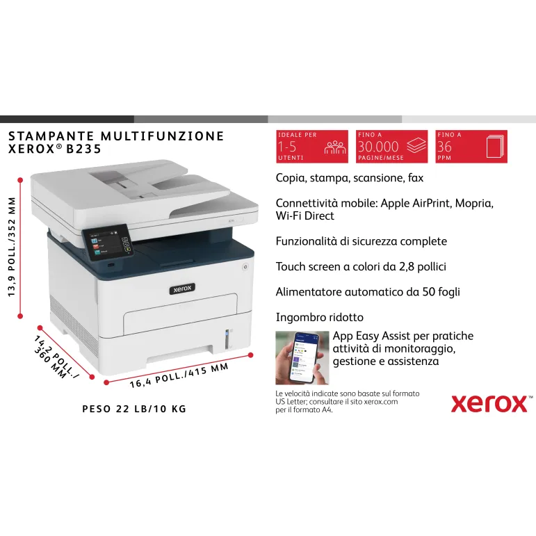 Xerox B235 DNI stampante multifunzione laser A4 monocromatica, WI-FI, 34 ppm, scansione, copia e fax