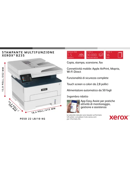 Xerox B235 DNI stampante multifunzione laser A4 monocromatica, WI-FI, 34 ppm, scansione, copia e fax