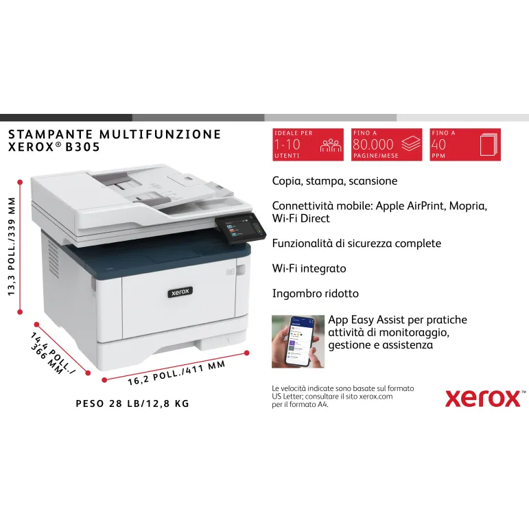 Xerox B305 DNI stampante multifunzione laser A4 monocromatica, WI-FI, 38 ppm, scansione e copia