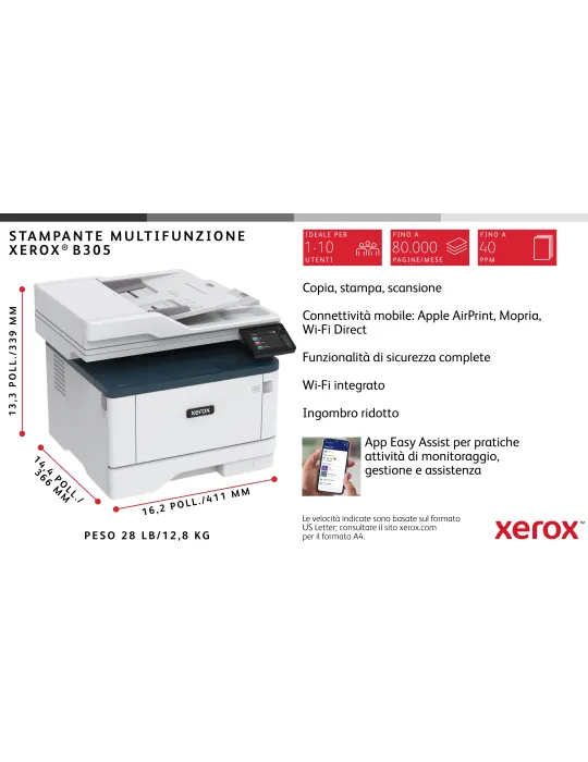 Xerox B305 DNI stampante multifunzione laser A4 monocromatica, WI-FI, 38 ppm, scansione e copia