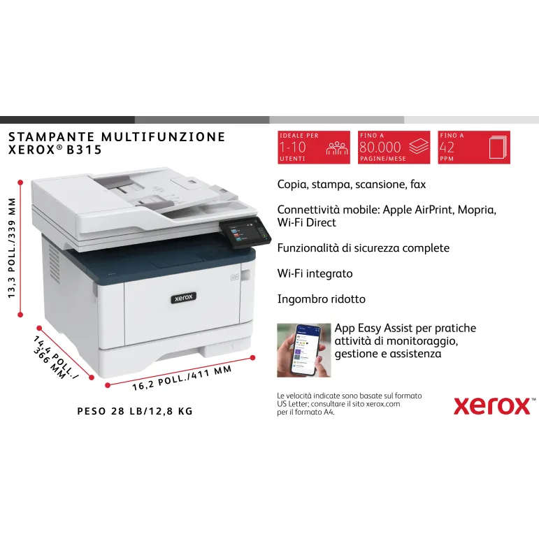 Xerox B315 DNI stampante multifunzione laser A4 monocromatica, WI-FI, 40 ppm, DADF, scansione, copia e fax