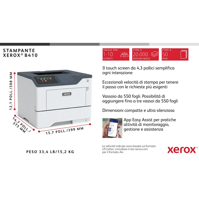 Xerox B410 DN stampante laser A4 monocromatica, 50 ppm