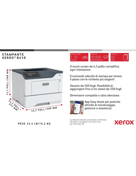 Xerox B410 DN stampante laser A4 monocromatica, 50 ppm