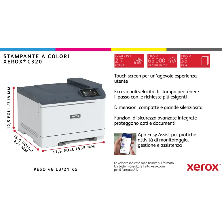 Xerox C320 DNI Stampante Laser A4 a colori, WI-FI, 33 ppm