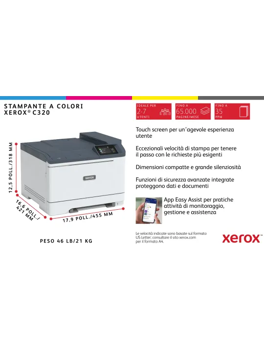 Xerox C320 DNI Stampante Laser A4 a colori, WI-FI, 33 ppm