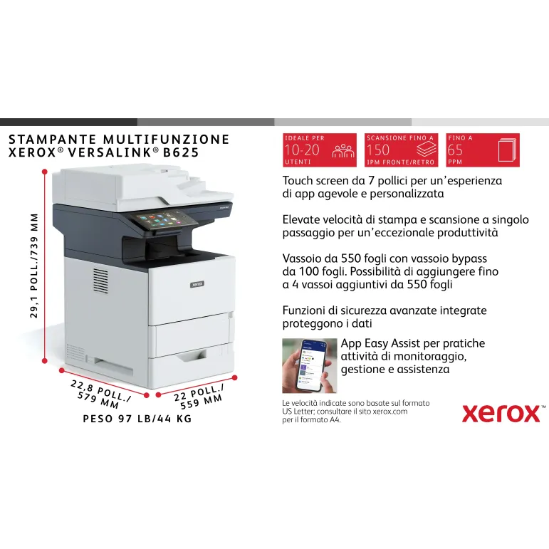 Xerox VersaLink B625 DN stampante multifunzione Laser A4 monocromatica, 61 ppm, DADF, scansione, copia e fax