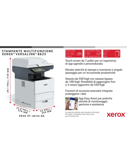 Xerox VersaLink B625 DN stampante multifunzione Laser A4 monocromatica, 61 ppm, DADF, scansione, copia e fax