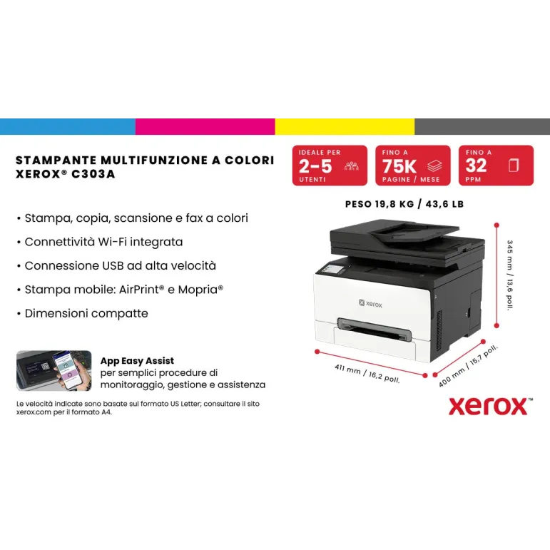 Xerox C303a stampante multifunzione laser A4 a colori, WI-FI, 30 ppm, DADF, scansione, copia e fax