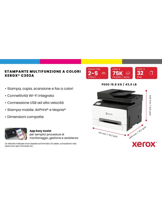 Xerox C303a stampante multifunzione laser A4 a colori, WI-FI, 30 ppm, DADF, scansione, copia e fax