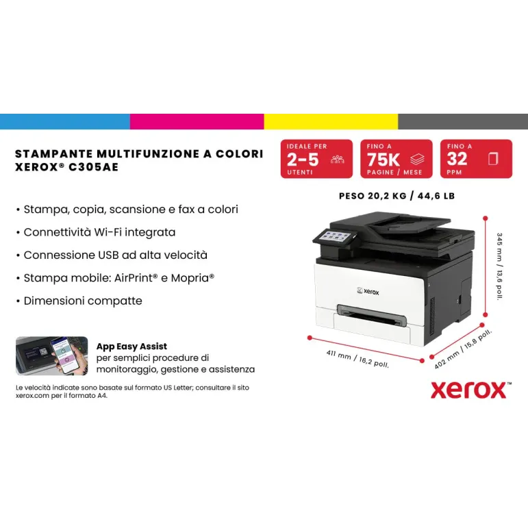 Xerox C305ae stampante multifunzione laser A4 a colori, WI-FI, 30 ppm, DADF, scansione, copia e fax