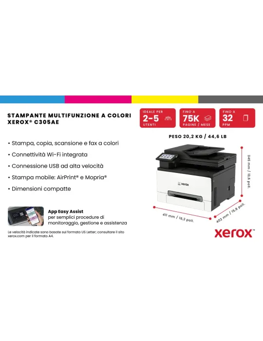 Xerox C305ae stampante multifunzione laser A4 a colori, WI-FI, 30 ppm, DADF, scansione, copia e fax