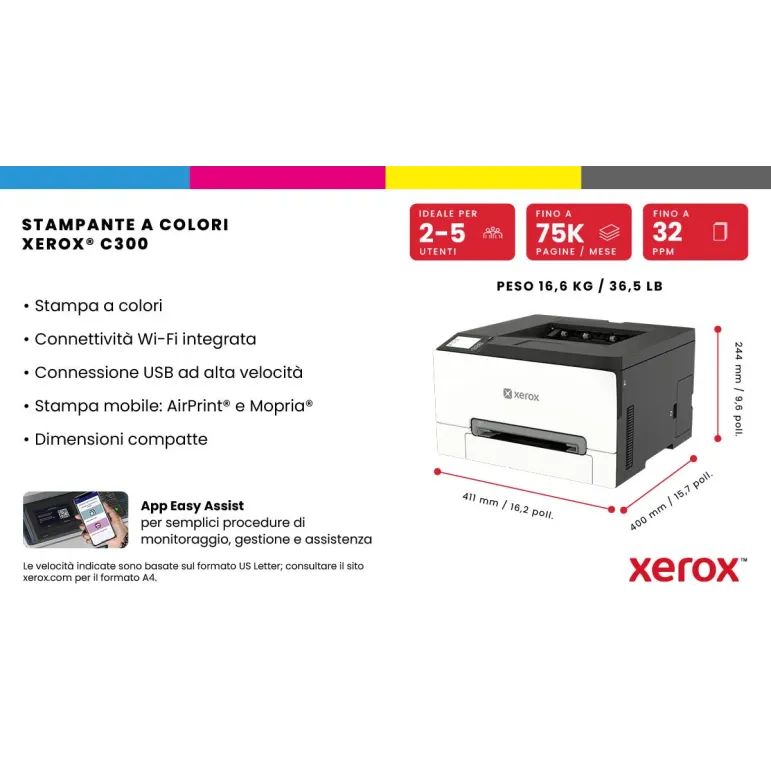 Xerox C300 Stampante Laser A4 a colori, WI-FI, 30 ppm