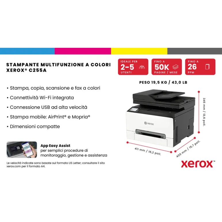 Xerox C255a stampante multifunzione laser A4 a colori, WI-FI, 25 ppm, ADF, scansione, copia e fax