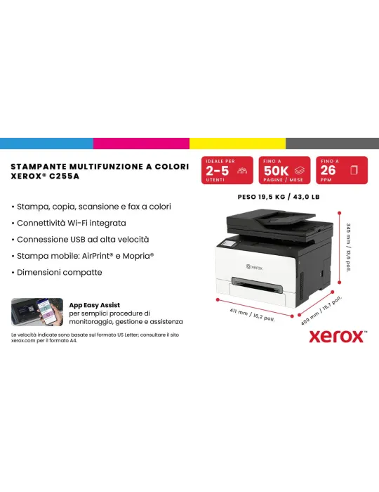 Xerox C255a stampante multifunzione laser A4 a colori, WI-FI, 25 ppm, ADF, scansione, copia e fax